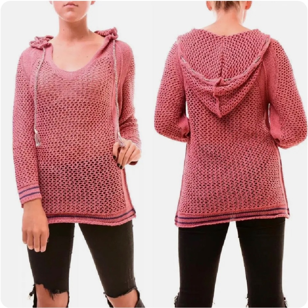 Free People Pink Shadow Stripe Mesh Sweater Hoodie size XS like-new condition